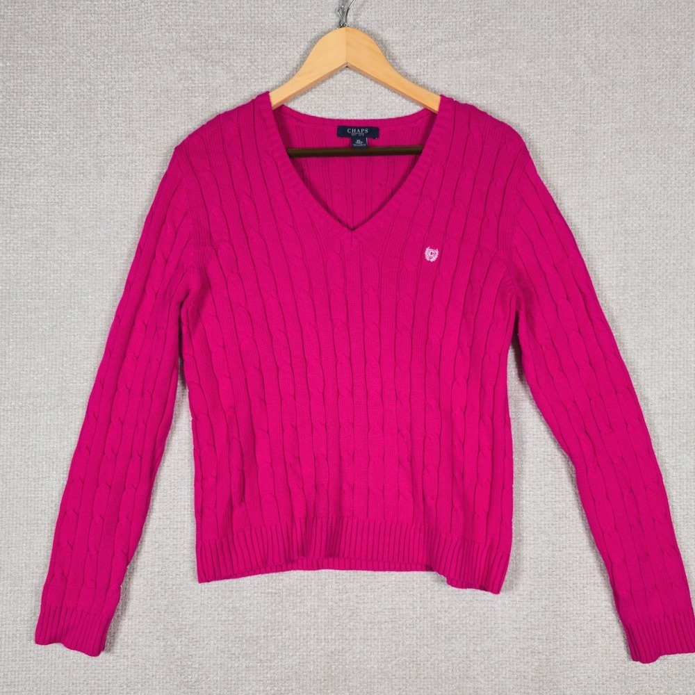 Chaps Womens XL Pink‎ Cable Knit V-Neck 100% Cotton Long Sleeve Sweater Logo